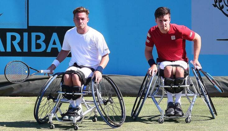 Rohlstuhltennis, Queens Club London June 22, 2018 - London, United Kingdom - L-R Alfie Hewett and Gordon Reid (GBR) .during Fever-Tree Championships Wheelchair Doubles Event match between Alfie Hewett and Gordon Reid (GBR) against Stephane Houdet and Nicolas Peifer (FRA) at The Queen s Club, London, on 22 June 2018 Fever-Tree Championships - Wheelchair Tennis  - ZUMAn230 20180622_zaa_n230_992 Copyright: xKieranxGalvinx