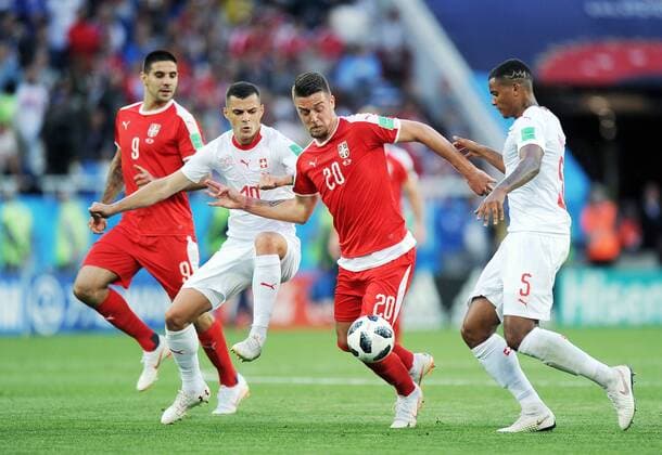 WM 2018, Serbien - Schweiz 2018.06.22 Kaliningrad Pilka nozna Mistrzostwa Swiata w Rosji Rosja 2018 Serbia - Szwajcaria N z Granit Xhaka of Switzerland Sergej Milinkovic-Savic of Serbia Manuel Akanji of Switzerland Foto Norbert Barczyk PressFocus 2018.06.22 Kaliningrad Football 2018 FIFA World Cup WM Weltmeisterschaft Fussball in Russia Serbia v Switzerland Credit: Norbert Barczyk PressFocus NEWSPIX.PL --- Newspix.pl  20180622NB0107