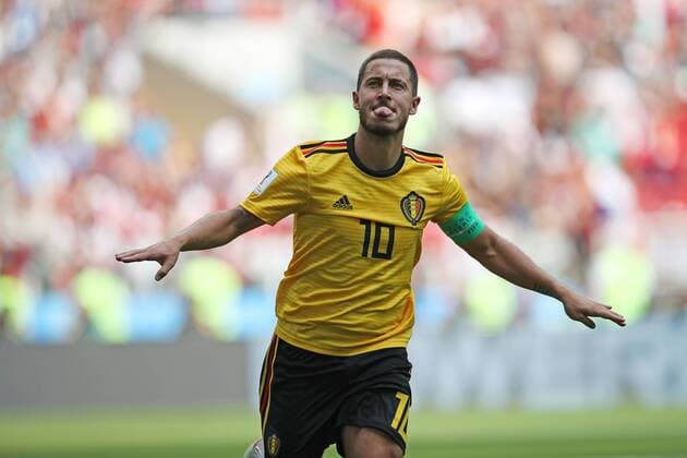 WM 2018, Belgien - Tunesien Football - 2018 FIFA World Cup WM Weltmeisterschaft Fussball - Group G: Belgium vs. Tunisia Eden Hazard of Belgium celebrates after he scores his team s fourth goal, at the Spartak Stadium (Otkritie Arena), Moscow. 