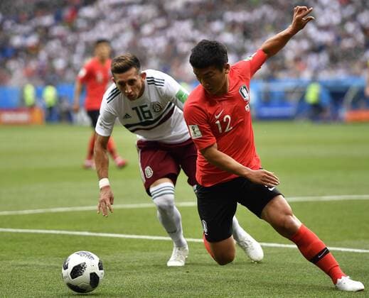 WM 2018, Südkorea - Mexiko (180623) -- ROSTOV-ON-DON, June 23, 2018 -- Kim Minwoo (R) of South Korea vies with Hector Herrera of Mexico during the 2018 FIFA World Cup WM Weltmeisterschaft Fussball Group F match between South Korea and Mexico in Rostov-on-Don, Russia, June 23, 2018. ) (SP)RUSSIA-ROSTOV-ON-DON-2018 WORLD CUP-GROUP F-SOUTH KOREA VS MEXICO ChenxYichen 