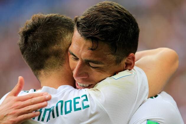 WM 2018, SÃ¼dkorea - Mexiko ROSTOV-ON-DON, RUSSIA â€“ JUNE 23, 2018: Mexico s Javier Hernandez (L) and Hector Moreno celebrate scoring in their 2018 FIFA World Cup WM Weltmeisterschaft Fussball Group F football match against South Korea at Rostov Arena Stadium. Valery Matytsin TASS  TS085ECD