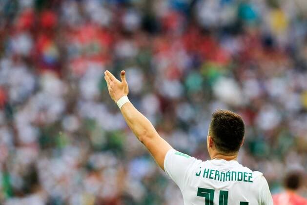 WM 2018, SÃ¼dkorea - Mexiko ROSTOV-ON-DON, RUSSIA â€“ JUNE 23, 2018: Mexico s Javier Hernandez celebrates scoring in their 2018 FIFA World Cup WM Weltmeisterschaft Fussball Group F football match against South Korea at Rostov Arena Stadium. Valery Matytsin TASS  TS085ECF