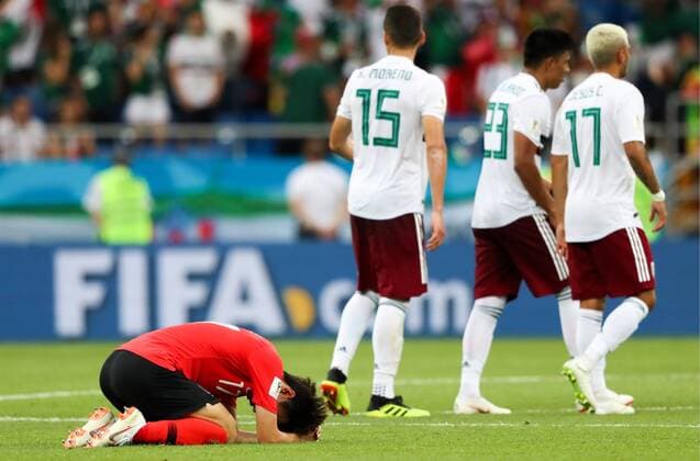 WM 2018, SÃ¼dkorea - Mexiko ROSTOV-ON-DON, RUSSIA â€“ JUNE 23, 2018: South Korea s Lee Jae-sung (L) reacts after their 2018 FIFA World Cup WM Weltmeisterschaft Fussball Group F match against Mexico at Rostov Arena Stadium. Team Mexico won the game 2:1. Sergei Savostyanov TASS  TS085EF9