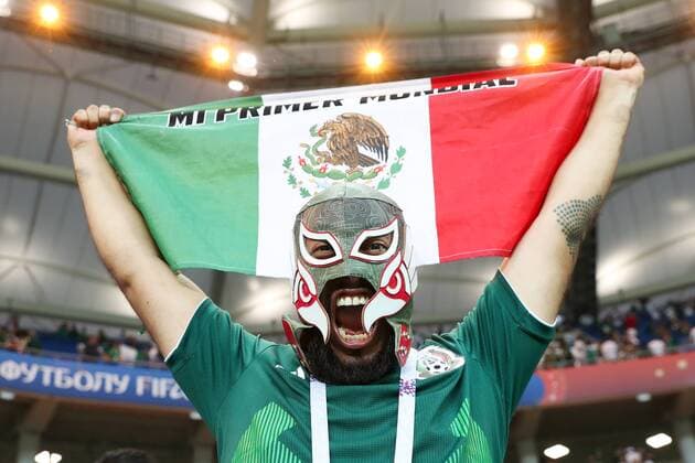 WM 2018, SÃ¼dkorea - Mexiko ROSTOV-ON-DON, RUSSIA â€“ JUNE 23, 2018: Mexico s supporters wearing a mask waves a national flag during their 2018 FIFA World Cup WM Weltmeisterschaft Fussball Group F football match against South Korea at Rostov Arena Stadium. Team Mexico won the game 2:1.Sergei Savostyanov TASS  TS085F07