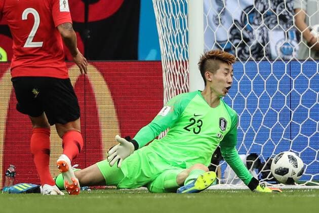 WM 2018, SÃ¼dkorea - Mexiko ROSTOV-ON-DON, RUSSIA â€“ JUNE 23, 2018: South Korea s goalkeeper Cho Hyun-woo concedes a goal in their 2018 FIFA World Cup WM Weltmeisterschaft Fussball Group F match against Mexico at Rostov Arena Stadium. Team Mexico won the game 2:1. Sergei Savostyanov TASS  TS085FA4