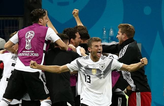Bilder des Tages - SPORT SOCHI, RUSSIA â€“ JUNE 23, 2018: Germany s Thomas Muller celebrates winning their 2018 FIFA World Cup WM Weltmeisterschaft Fussball Group F football match against Sweden at Fisht Stadium. Team Germany won the game 2:1. Valery Sharifulin TASS  TS085FFD