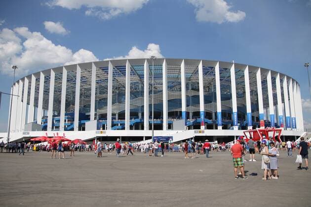 1 Jahr bis WM 2022: Historie, Stadien und Architektur June 24, 2018 - Nizhny Novgorod, Russia - June 24, 2018, Russia, Nizhny Novgorod, FIFA World Cup WM Weltmeisterschaft Fussball 2018, First round, Group, Second round. Football match of England - Panama at the stadium Nizhny Novgorod. Champions; fans; fans; from England; The English; spectators. World Cup 2018, England VS Panama - Nizhny Novgorod  - ZUMAl75_ 20180624_zaf_l75_502 Copyright: xMaksimxKonstantinovx