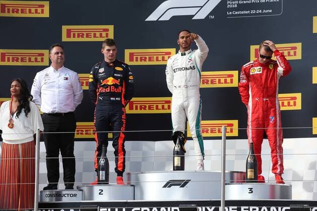 Photo4 LaPresse 24 06 2018 Paul Ricard, France Grand Prix Formula One France 2018 In the pic: Podium, winner Lewis Hamilton (GBR) Mercedes AMG F1 W09 , 2nd place Max Verstappen (NED) Red Bull Racing RB14, 3rd place Kimi Raikkonen (FIN) Scuderia Ferrari SF71H  Copyright: xPhoto4x