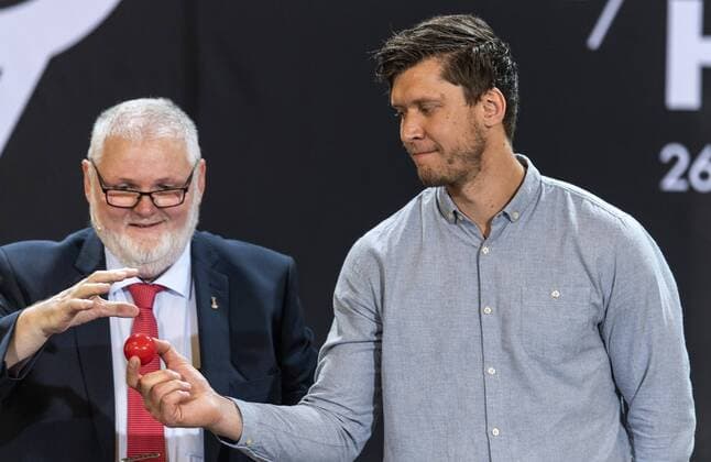Handball, WM 2019, Gruppenauslosung in Kopenhagen Per Bertelsen og Niclas Landin under lodtraekningen til IHF Mens World Championship WM Weltmeisterschaft 2019 i Danmark og Tyskland paa Koebenhavns Raadhus, mandag den 25. juni 2018. , Copenhagen  Copyright: ©LarsxMoeller LarsxMoellerx cop101 spdk20180625-134721-L
