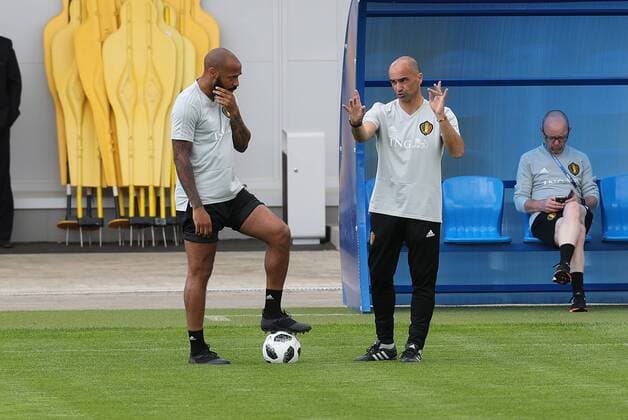 WM 2018, Training Nationalteam Belgien Belgium s assistant coach Thierry Henry and Belgium s head coach Roberto Martinez pictured during a training session of Belgian national soccer team the Red Devils in Dedovsk, near Moscow, Russia, Tuesday 26 June 2018. The team is preparing for their third game at the FIFA World Cup WM Weltmeisterschaft Fussball 2018. BRUNOxFAHY  x05371546x