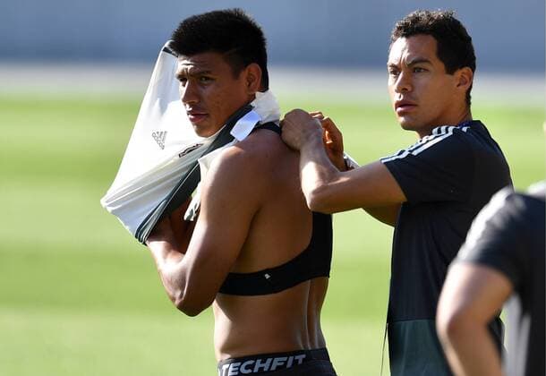 YEKATERINBURG, RUSSIA â€“ JUNE 26, 2018: Midfielder Jesus Gallardo (L) of the Mexican men s national football team training for their upcoming 2018 FIFA World Cup WM Weltmeisterschaft Fussball Group F match against Sweden at Yekaterinburg Arena Stadium. Donat Sorokin TASS  TS086716