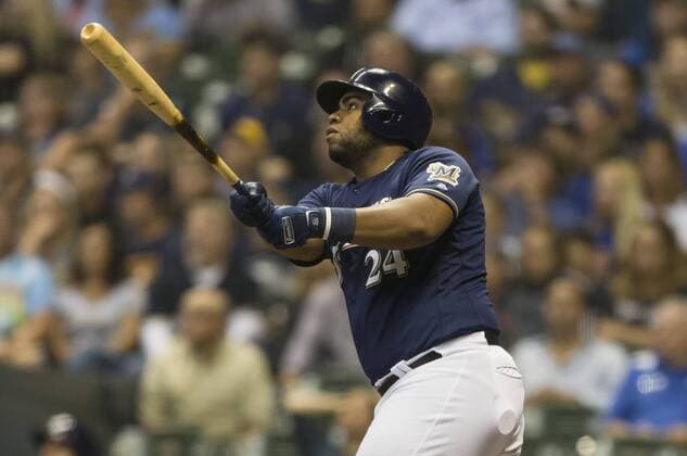 June 26, 2018: Milwaukee Brewers first baseman Jesus Aguilar 24 hits a solo home run to center field in the third inning of the Major League Baseball game between the Milwaukee Brewers and the Kansas City Royals at Miller Park in Milwaukee, WI. CSM MLB Baseball Herren USA 2018 Royals vs Brewers JUN 26 - ZUMAc04_ 20180626_zaf_c04_003 Copyright: xJohnxFisherx