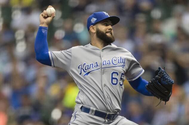June 26, 2018: Kansas City Royals starting pitcher Jakob Junis 65 delivers a pitch during the Major League Baseball game between the Milwaukee Brewers and the Kansas City Royals at Miller Park in Milwaukee, WI. CSM MLB Baseball Herren USA 2018 Royals vs Brewers JUN 26 - ZUMAc04_ 20180626_zaf_c04_010 Copyright: xJohnxFisherx