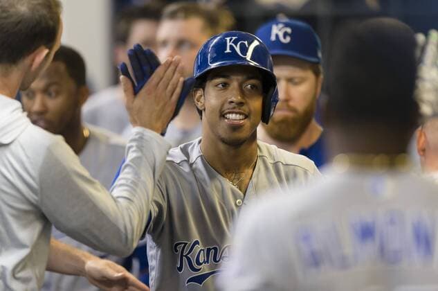 June 26, 2018: Kansas City Royals second baseman Adalberto Mondesi 27 is congratulated after hitting a solo home run in the 8th inning of the Major League Baseball game between the Milwaukee Brewers and the Kansas City Royals at Miller Park in Milwaukee, WI. CSM MLB Baseball Herren USA 2018 Royals vs Brewers JUN 26 - ZUMAc04_ 20180626_zaf_c04_013 Copyright: xJohnxFisherx