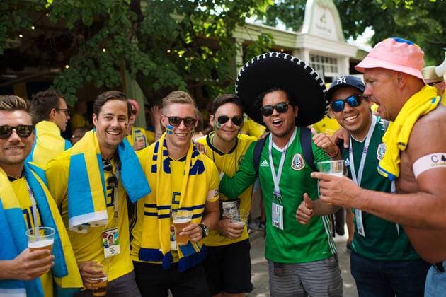 180627 Swedish fans together with Mexican fans ahead of the FIFA World Cup group stage match between Mexico and Sweden on June 27, 2018 in Ekaterinburg Photo Joel Marklund BILDBYR N Code JM 87737  Copyright: JOELxMARKLUND BB180627JM018