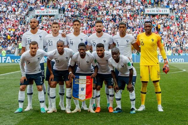 Moskau, Russland, 26.06.2018, FIFA Weltmeisterschaft, Gruppe C, Daenemark - Frankreich, obere Reihe, Steven Nzonzi (FRA), Lucas Hernandez (FRA), Raphael Varane (FRA), Olivier Giroud (FRA), Presnel Kimpembe (FRA), Torwart Steve Mandanda (FRA), untere Reihe Antoine Griezmann (FRA), Djibril Sidibe (FRA), Ousmane Dembele (FRA), Thomas Lemar (FRA), Ngolo Kante (FRA) ( DeFodi507 *** Moscow Russia 26 06 2018 FIFA World Cup Group C Denmark top row Steven Nzonzi FRA Lucas Hernandez FRA Raphael Varane FRA Olivier Giroud FRA Presel Kimpembe FRA Goalkeeper Steve Mandanda FRA bottom row Antoine Griezmann FRA Djibril Sidibe FRA Ousmane Dembele FRA Thomas Lemar FRA Ngolo edge FRA DeFodi507