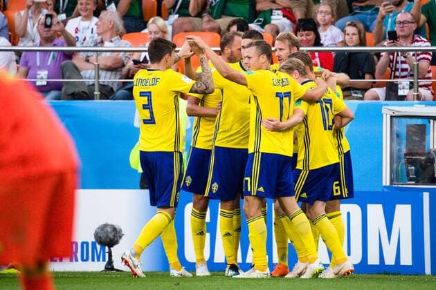 180627 Players of Sweden celebrates after the 0 1 goal by Ludwig Augustinsson the FIFA World Cup group stage match between Mexico and Sweden on June 27, 2018 in Ekaterinburg Photo Petter Arvidson BILDBYRAN Code PA 87737  Copyright: PETTERxARVIDSON BB180627PA092