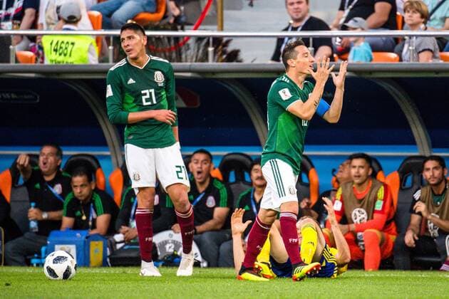 180627 Edson Alvarez and Andres Guardado of Mexico looks dejected during the FIFA World Cup group stage match between Mexico and Sweden on June 27, 2018 in Ekaterinburg Photo Petter Arvidson BILDBYR N Code PA 87737  Copyright: PETTERxARVIDSON BB180627PA121