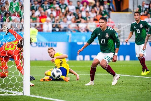 180627 Edson Alvarez of Mexico with the own goal 0 3 during the FIFA World Cup group stage match between Mexico and Sweden on June 27, 2018 in Ekaterinburg Photo Joel Marklund BILDBYRAN Code JM 87737  Copyright: JOELxMARKLUND BB180627JM095