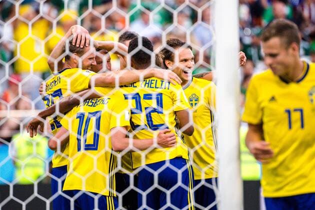 180627 Players of Sweden celebrates the 0 3 goal during the FIFA World Cup group stage match between Mexico and Sweden on June 27, 2018 in Ekaterinburg Photo Joel Marklund BILDBYR N Code JM 87737  Copyright: JOELxMARKLUND BB180627JM101