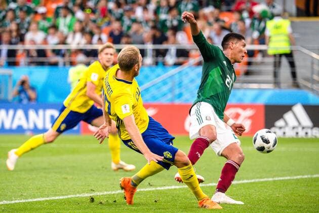 180627 Ola Toivonen of Sweden scores the 0 3 goal via Edson Alvarez or Mexico during the FIFA World Cup group stage match between Mexico and Sweden on June 27, 2018 in Ekaterinburg Photo Petter Arvidson BILDBYR N Code PA 87737  Copyright: PETTERxARVIDSON BB180627PA124