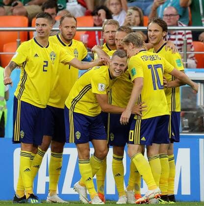 (180627) -- YEKATERINBURG, June 27, 2018 -- Players of Sweden celebrate Ludwig Augustinsson s goal during the 2018 FIFA World Cup WM Weltmeisterschaft Fussball Group F match between Mexico and Sweden in Yekaterinburg, Russia, June 27, 2018. ) (SP)RUSSIA-YEKATERINBURG-2018 WORLD CUP-GROUP F-MEXICO VS SWEDEN LuxJinbo 