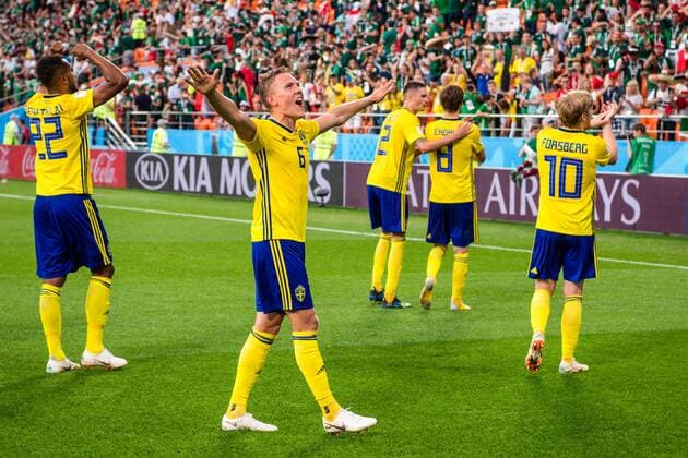 180627 Ludwig Augustinsson of Sweden celebrates after the FIFA World Cup group stage match between Mexico and Sweden on June 27, 2018 in Ekaterinburg Photo Petter Arvidson BILDBYR N Code PA 87737  Copyright: PETTERxARVIDSON BB180627PA146
