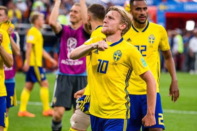 180627 Emil Forsberg of Sweden celebrates after the FIFA World Cup group stage match between Mexico and Sweden on June 27, 2018 in Ekaterinburg Photo Petter Arvidson BILDBYR N Code PA 87737  Copyright: PETTERxARVIDSON BB180627PA161
