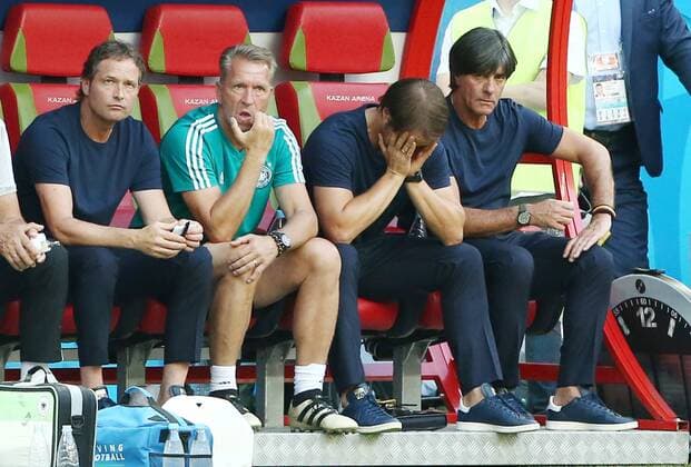 Goalkeeping coach Andreas Köpke Co Coach Thomas Schneider Coach Joachim Loew disappointed disappointment Sport Soccer FIFA World Cup Russia Russia 2018 Season 2017 2018 27 06 2018 Korea Republic vs Germany GER