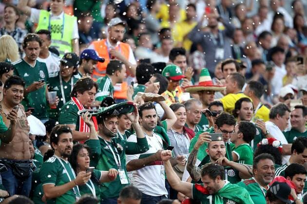 YEKATERINBURG, RUSSIA - JUNE 27, 2018: Mexico s fans root for their team in the 2018 FIFA World Cup WM Weltmeisterschaft Fussball First Stage Group F football match against Sweden at Ekaterinburg Arena Stadium. Sergei Bobylev TASS  TS086BC6