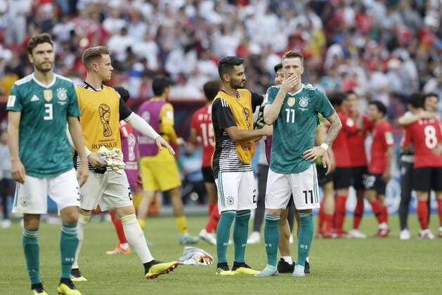 Football: Germany vs South Korea at World Cup Marco Reus (11) and other German players look dejected following their defeat to South Korea 2-0 in a World Cup Group F match in Kazan, Russia, on June 27, 2018. With the loss, defending champions Germany crashed out of the World Cup. 
