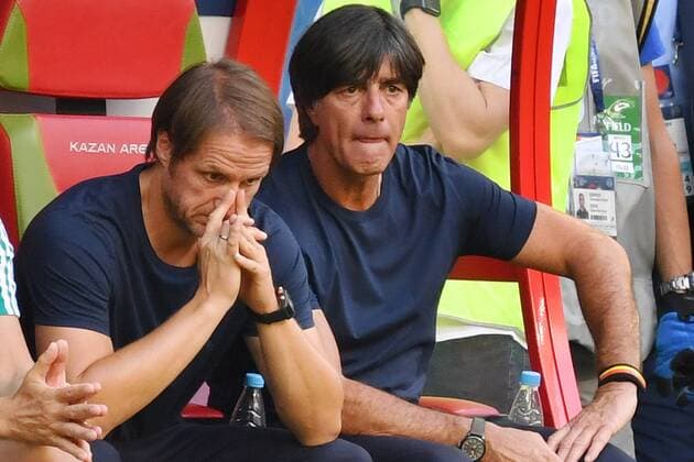 The Coaching Staff German Substitute Bank dejected disappointment from the left Dr Hans Wilhelm MUELLER WOHLFAHRT Müller Wohlfahrt Team Physician GER Marcus SORG Co Coach GER Andreas KOEPKE Kopke Goalkeeping coach Thomas SCHNEIDER Co Coach GER Joachim Jogi LOEW LÖW Coach National coach GER Preliminary Group F Match 43 on 27 06 2018 in Kazan Kazan Arena Football World Cup 2018 in Russia from 14 06 15 07 2018 Â
