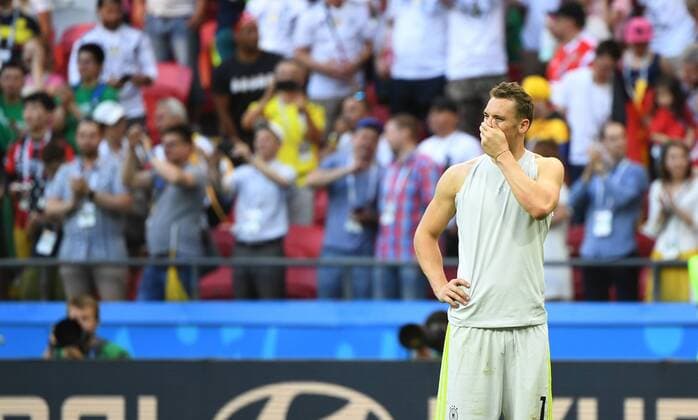 (180627) -- KAZAN, June 27, 2018 -- Manuel Neuer of Germany reacts after the 2018 FIFA World Cup WM Weltmeisterschaft Fussball Group F match between Germany and South Korea in Kazan, Russia, June 27, 2018. South Korea won 2-0. ) (SP)RUSSIA-KAZAN-2018 WORLD CUP-GROUP F-GERMANY VS SOUTH KOREA LixGa 