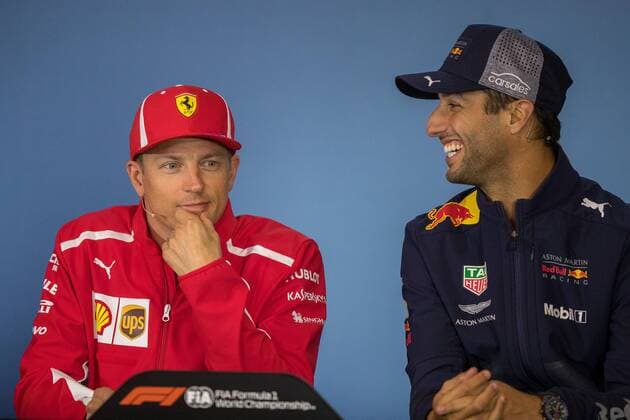 28 06 2018 Red Bull Ring Spielberg AUT FIA Formula 1 Grand Prix of Austria Prev reports im Bild Kimi Raeikkoenen FIN Scuderia Ferrari Daniel Ricciardo AUS Red Bull Racing Finnish Formula One driver Kimi Raeikkoenen of Scuderia Ferrari Australian Formula One drive Daniel Ricciardo of Red Bull Racing during preparations of the Austrian FIA Formula One Grand Prix at the Red Bull Ring at Spielberg France on 2018 06 28 Spielberg  EX_ANG