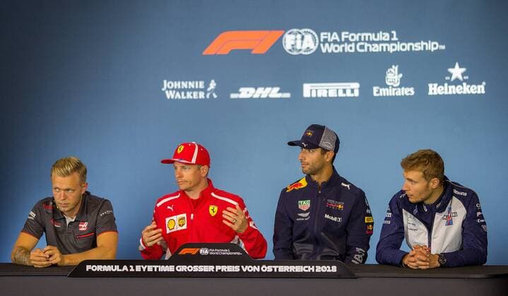 28 06 2018 Red Bull Ring Spielberg AUT FIA Formula 1 Grand Prix of Austria Preliminary Reports pic Kevin Magnussen DEN Haas Kimi Raeikkoenen FIN Scuderia Ferrari Daniel Ricciardo AUS Red Bull Racing Sergey Sirotkin RUS Williams fl. Danish Formula One driver Kevin Magnussen of Haas Finnish Formula One driver Kimi Raeikkoenen of Scuderia Ferrari Formula One driver Sergei Sirotkin of Williams during the Austrian Formula One Grand Prix at the Red Bull Ring at Spielberg France on 2018 06 28 Spielberg  EX_ANG