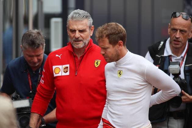 FORMULA 1 - GP of Austria 2018 SPIELBERG,AUSTRIA,29.JUN.18 - MOTORSPORTS, FORMULA 1 - Grand Prix of Austria, Red Bull Ring, free practice. Image shows team principal Maurizio Arrivabene (Ferrari) and Sebastian Vettel (GER Ferrari). GEPAxpictures xChristianxWalgram
