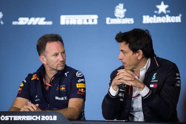 FORMULA 1 - GP of Austria 2018 SPIELBERG,AUSTRIA,29.JUN.18 - MOTORSPORTS, FORMULA 1 - Grand Prix of Austria, Red Bull Ring, free practice. Image shows team principal Christian Horner (Red Bull Racing) and executive director Toto Wolff (Mercedes). GEPAxpictures xDanielxGoetzhaber