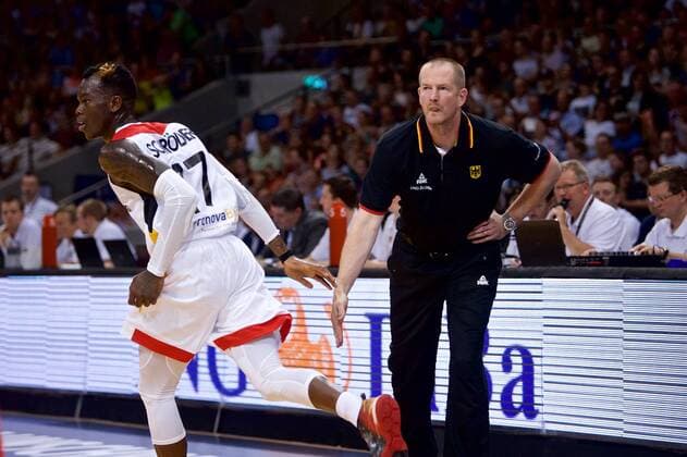 Basketball Braunschweig 29 06 2018 DBB National Team International Friendlies WC Qualification FIBA u200b u200bEurope Germany GER Austria AUT Henrik Rödl Germany National Coach Roll Roedl Dennis Schröder Schroeder Germany No 17 Schröder Jubilation