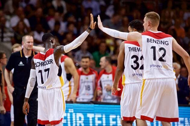 Basketball Braunschweig 29 06 2018 DBB National Team International Friendlies World Cup Qualification FIBA u200b u200bEurope Germany GER Austria AUT Dennis Schröder Schroeder Germany No 17 Schröder Robin Benzing Germany No 12 Johannes Thiemann Germany No 32 Jubilation