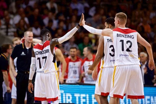 Basketball Braunschweig 29 06 2018 DBB National Team International Friendlies World Cup Qualification FIBA u200b u200bEurope Germany GER Austria AUT Dennis Schröder Schroeder Germany No 17 Schröder Robin Benzing Germany No 12 Johannes Thiemann Germany No 32 Jubilation