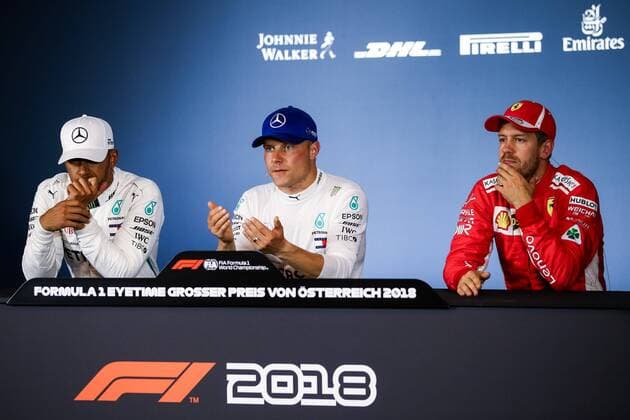 FORMULA 1 - GP of Austria 2018 SPIELBERG,AUSTRIA,30.JUN.18 - MOTORSPORTS, FORMULA 1 - Grand Prix of Austria, Red Bull Ring, qualifying. Image shows Lewis Hamilton (GBR Mercedes), Valtteri Bottas (FIN Mercedes) and Sebastian Vettel (GER Ferrari). GEPAxpictures xDanielxGoetzhaber
