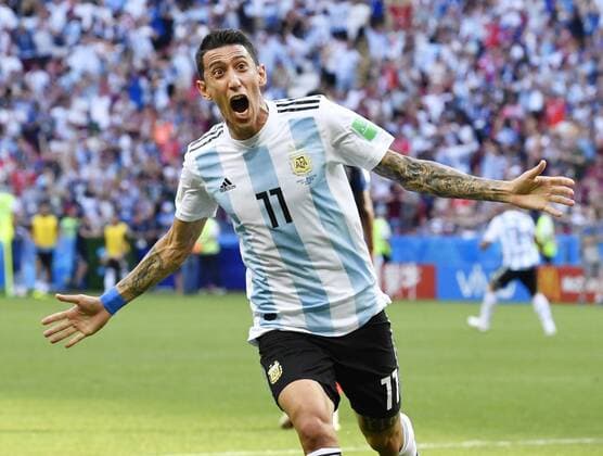 Football: France vs Argentina at World Cup Angel Di Maria of Argentina reacts after scoring his team s first goal during the first half of a World Cup round-of-16 match against France in Kazan, Russia, on June 30, 2018. 