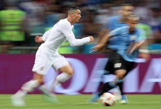 WM 2018, Uruguay - Portugal SOCHI, RUSSIA â€“ JUNE 30, 2018: Portugal s Cristiano Ronaldo In action in their 2018 FIFA World Cup WM Weltmeisterschaft Fussball Round of 16 football match against Uruguay at Fisht Stadium. Team Uruguay won the game 2:1. Sergei Fadeichev TASS  TS087489