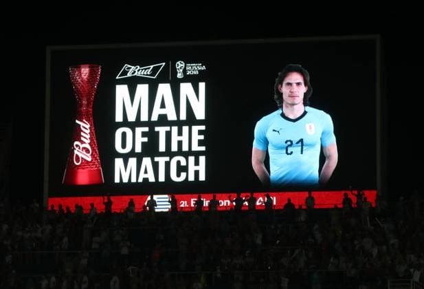 SOCHI, RUSSIA â€“ JUNE 30, 2018: Information board showing Edinson Cavani, the Man of the Match after the 2018 FIFA World Cup WM Weltmeisterschaft Fussball Round of 16 football match between Uruguay and Portugal at Fisht Stadium. Valery Sharifulin TASS  TS0874B0