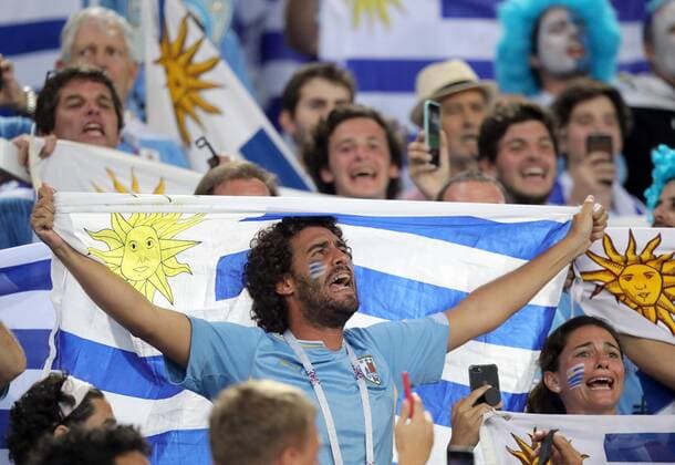 SOCHI, RUSSIA â€“ JUNE 30, 2018: Uruguay s supporters ahead of their 2018 FIFA World Cup WM Weltmeisterschaft Fussball Round of 16 football match against Portugal at Fisht Stadium. Team Uruguay won the game 2:1. Sergei Bobylev TASS  TS0874E7