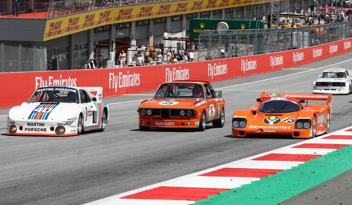 FORMULA 1 - GP of Austria 2018 SPIELBERG,AUSTRIA,01.JUL.18 - MOTORSPORTS - Grand Prix of Austria, Red Bull Ring, legends parade. Image shows Gerhard Berger (Porsche 935), Niki Lauda (BMW 3.0 CSL) and Hans-Joachim Stuck (Porsche 956). GEPAxpictures xAndreasxPranter