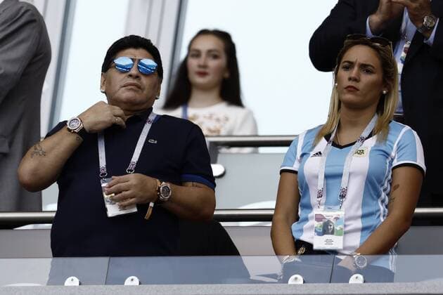 June 30, 2018 - Kazan, Russia - Diego Maradona and Rocio Oliva during the 2018 FIFA World Cup WM Weltmeisterschaft Fussball Russia Round of 16 match between France and Argentina at Kazan Arena on June 30, 2018 in Kazan, Russia. France v Argentina - FIFA World Cup 2018  - ZUMAn230 20180630_zaa_n230_862 Copyright: xMehdixTaamallahx