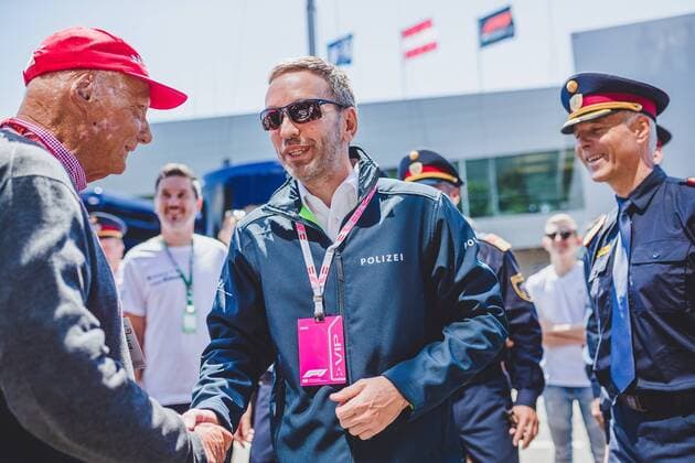01 07 2018 Red Bull Ring Spielberg AUT FIA Formula 1 Grand Prix of Austria race in the picture Niki Lauda AUT Mercedes Interior Minister Herbert Kickl FPOe Mercedes AMG F1 Non-Executive Chairman Niki Lauda AUT Minister of the Interior Herbert Kickl FPOe during the Austrian FIA Formula One Grand Prix at The Red Bull Ring at Spielberg Spielberg  EP_ang