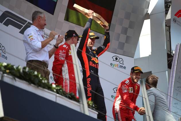 FORMULA 1 - GP of Austria 2018 SPIELBERG,AUSTRIA,01.JUL.18 - MOTORSPORTS - Grand Prix of Austria, Red Bull Ring. Image shows the rejoicing of Max Verstappen (NED Aston Martin Red Bull Racing). GEPAxpictures xChristianxWalgram