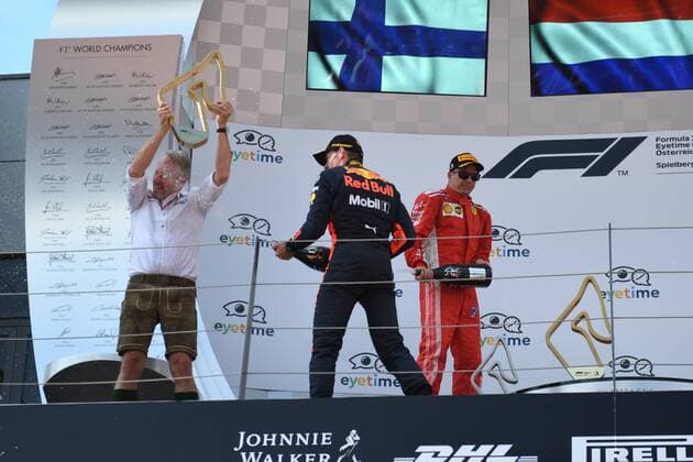 Max Verstappen Aston Martin Red Bull Racing at the champagne shower Formula 1 Grand Prix of Austria Red Bull Ring 01 07 2018 2018 Formula 1 Grand Prix of Austria Red Bull Ring 01 07 2018 Spielberg Copyright: xEIBNER Florian_Schustx EP_SCHUST